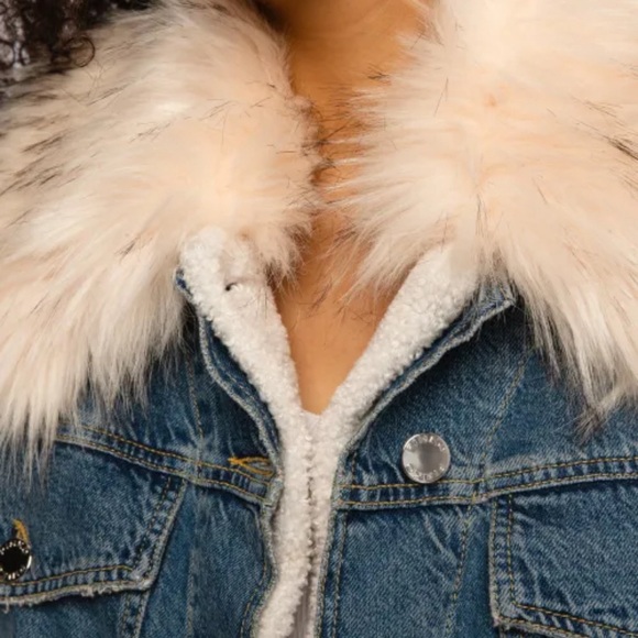 PINKO Faux Fur Trimmed Denim Jacket Size 12 - Picture 4 of 17